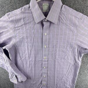 Brooks Brothers Milano Cotton Check Non-Iron 16 34 Purple Shirt Long Sleeve Men